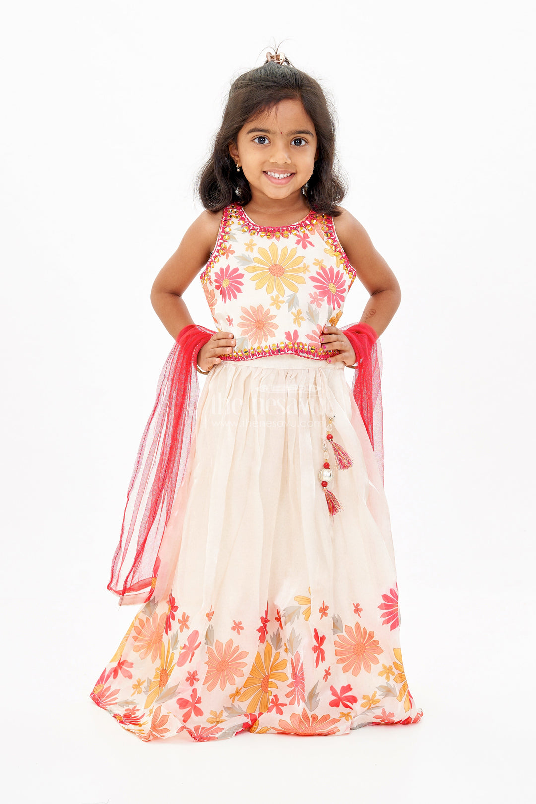 The Nesavu Girls Lehenga Choli Girls Cream Lehenga Choli in Glaze Organza with Digital Floral Print and Tassel Accents Nesavu Nesavu Girls Cream Lehenga Choli Glaze Organza Digital Floral Print Mirrorwork