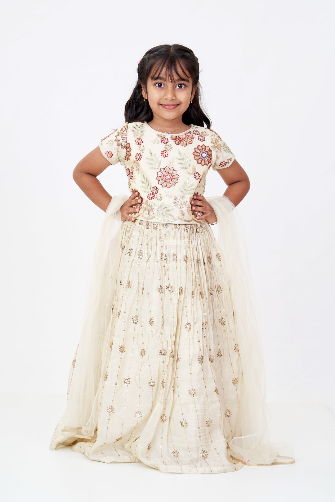 The Nesavu Girls Lehenga Choli Girls Cream Lehenga Choli in Shimmer Viscose Silk with Floral Embroidery and Dupatta Nesavu 16 (1Y) / Cream GL605A-16 Nesavu Girls Cream Lehenga Choli Shimmer Viscose Silk Floral Embroidery Dupatta