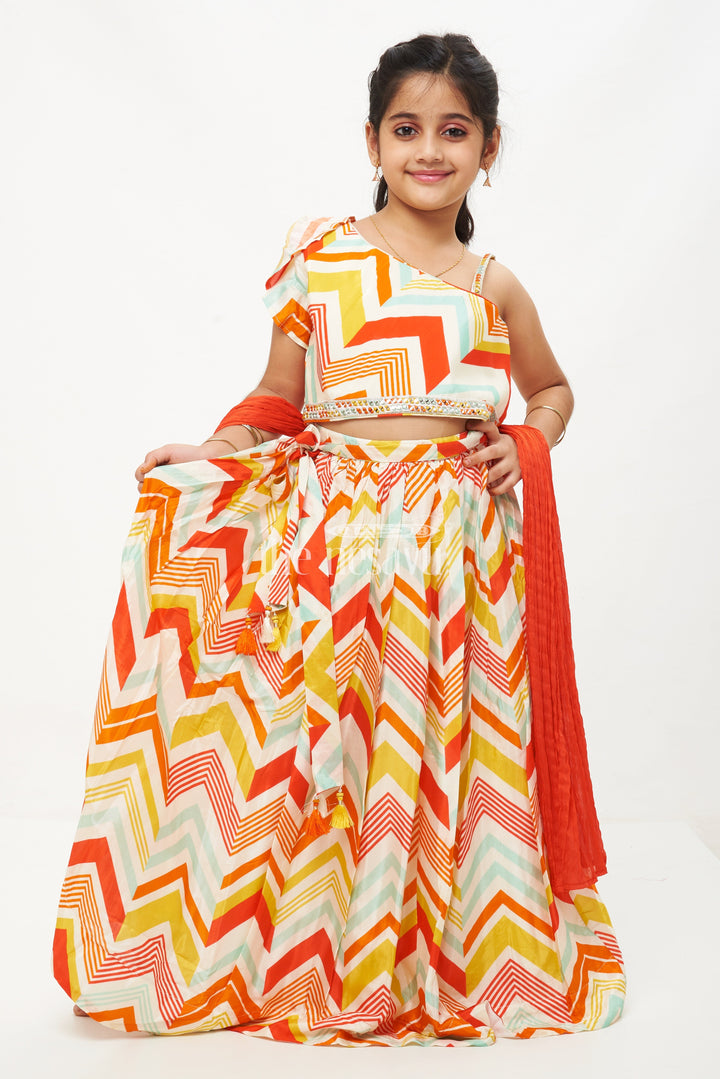 The Nesavu Girls Lehenga Choli Girls' Cream Multicolor Geometric Printed Modal Silk Lehenga with Asymmetrical Choli Nesavu 16 (1Y) / multicolor GL462A-16 Stylish Cream Multicolor Geometric Printed Lehenga for Girls with Asymmetrical Choli