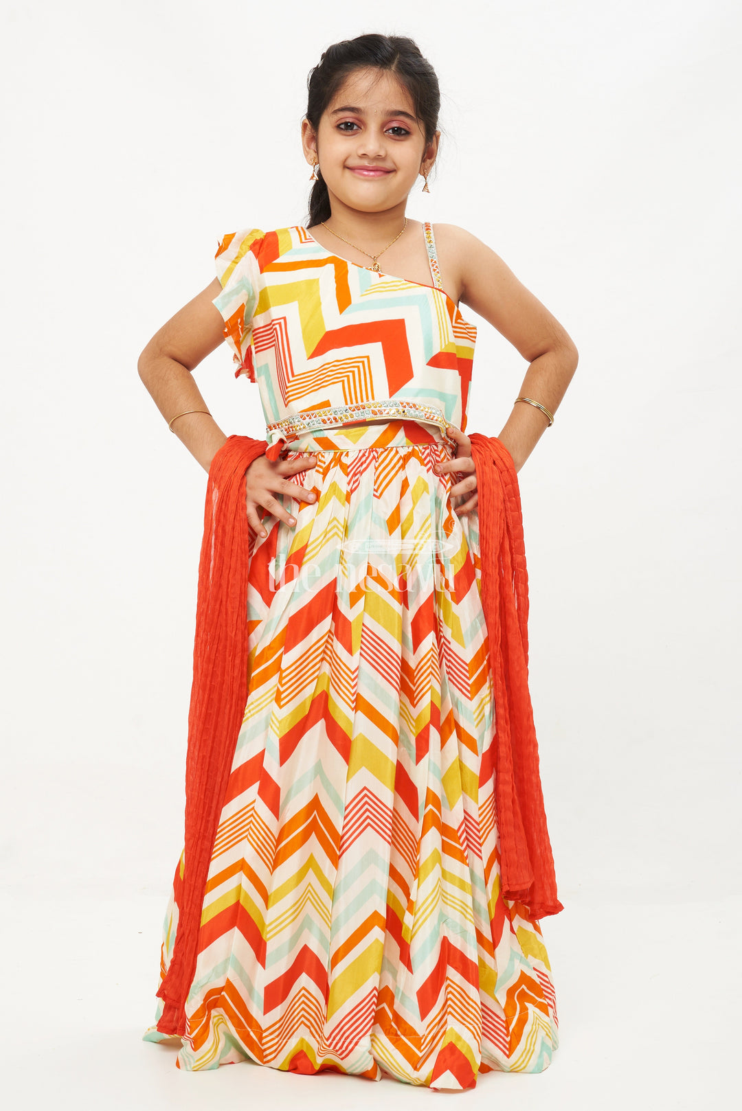 The Nesavu Girls Lehenga Choli Girls' Cream Multicolor Geometric Printed Modal Silk Lehenga with Asymmetrical Choli Nesavu Stylish Cream Multicolor Geometric Printed Lehenga for Girls with Asymmetrical Choli