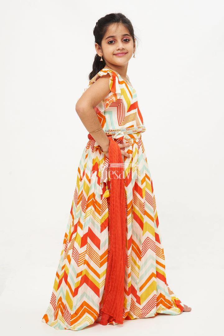 The Nesavu Girls Lehenga Choli Girls' Cream Multicolor Geometric Printed Modal Silk Lehenga with Asymmetrical Choli Nesavu Stylish Cream Multicolor Geometric Printed Lehenga for Girls with Asymmetrical Choli
