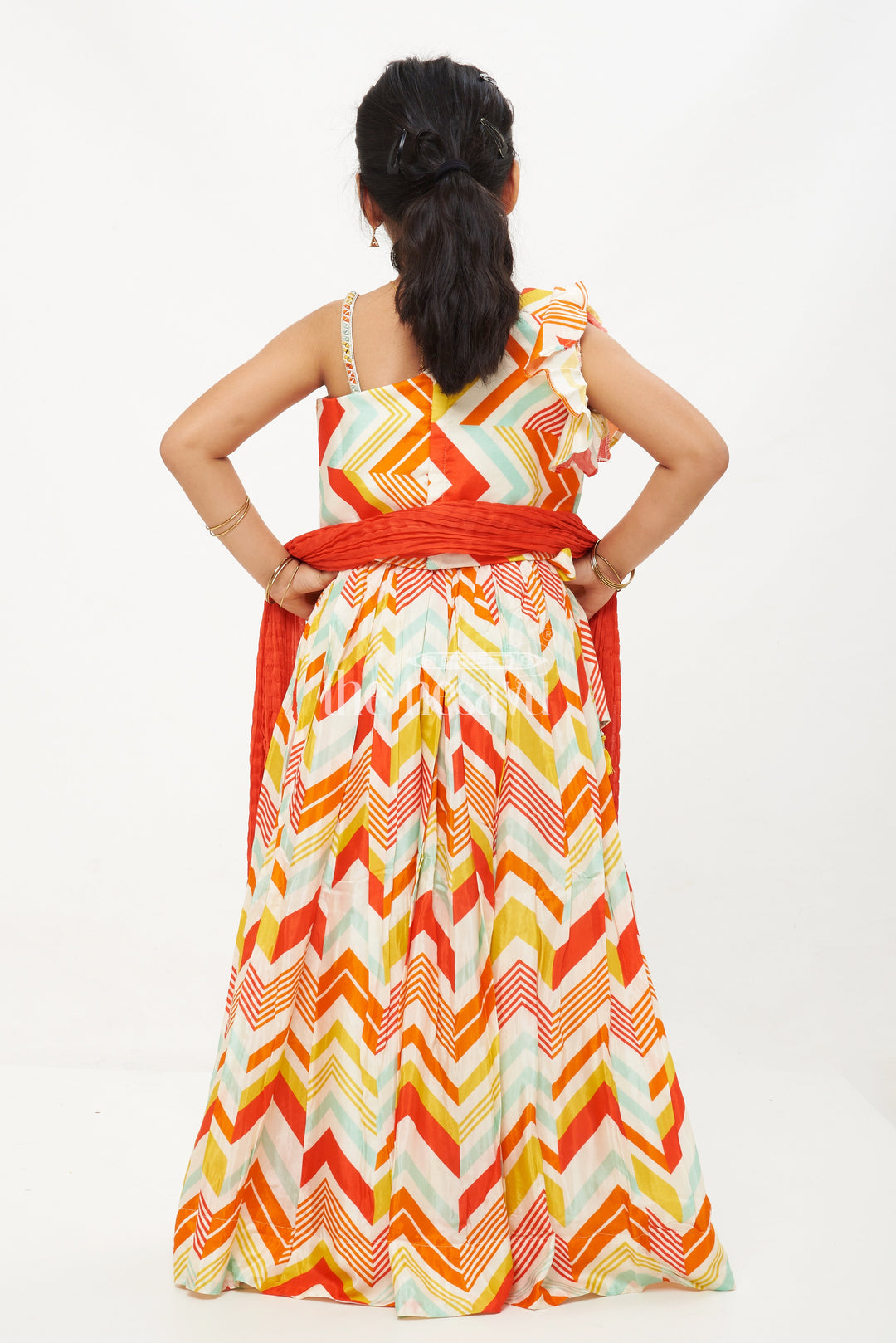 The Nesavu Girls Lehenga Choli Girls' Cream Multicolor Geometric Printed Modal Silk Lehenga with Asymmetrical Choli Nesavu Stylish Cream Multicolor Geometric Printed Lehenga for Girls with Asymmetrical Choli