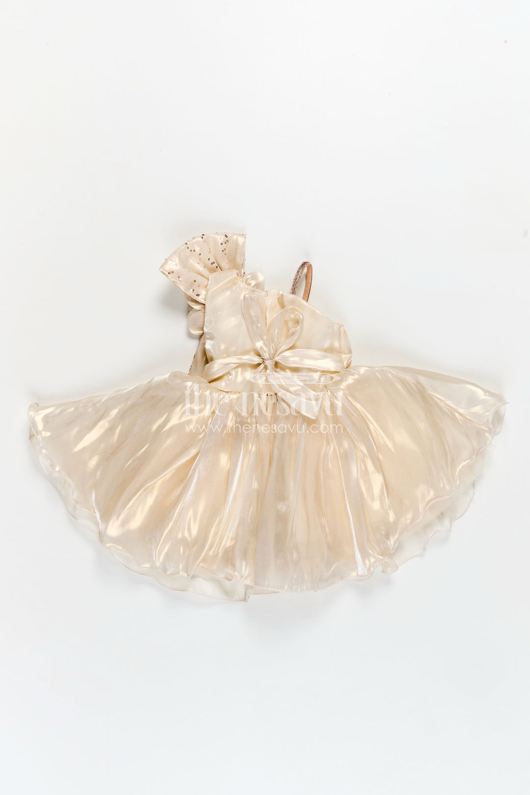 The Nesavu Girls Fancy Party Frock Girls Cream Organza frock new model design with Sequin Work and Floral Appliqué Accents Nesavu Nesavu Girls Cream Glaze Organza Dress Sequin Flower Detail frock new model design