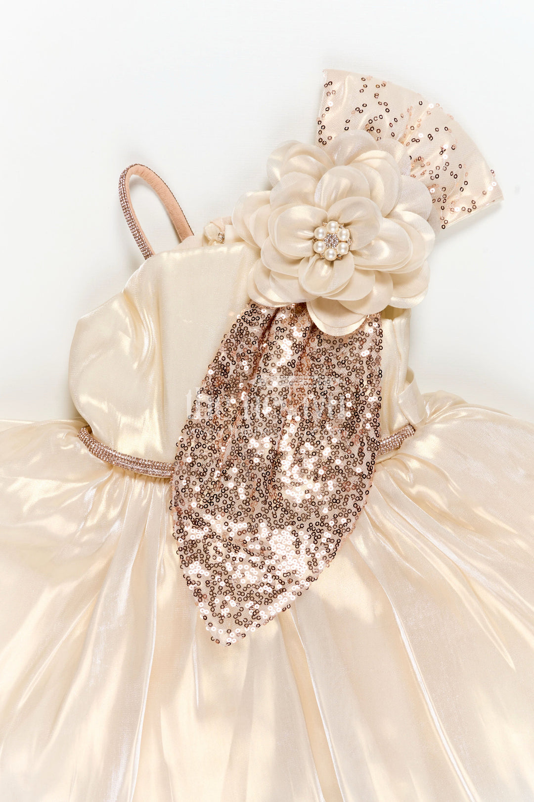 The Nesavu Girls Fancy Party Frock Girls Cream Organza frock new model design with Sequin Work and Floral Appliqué Accents Nesavu Nesavu Girls Cream Glaze Organza Dress Sequin Flower Detail frock new model design