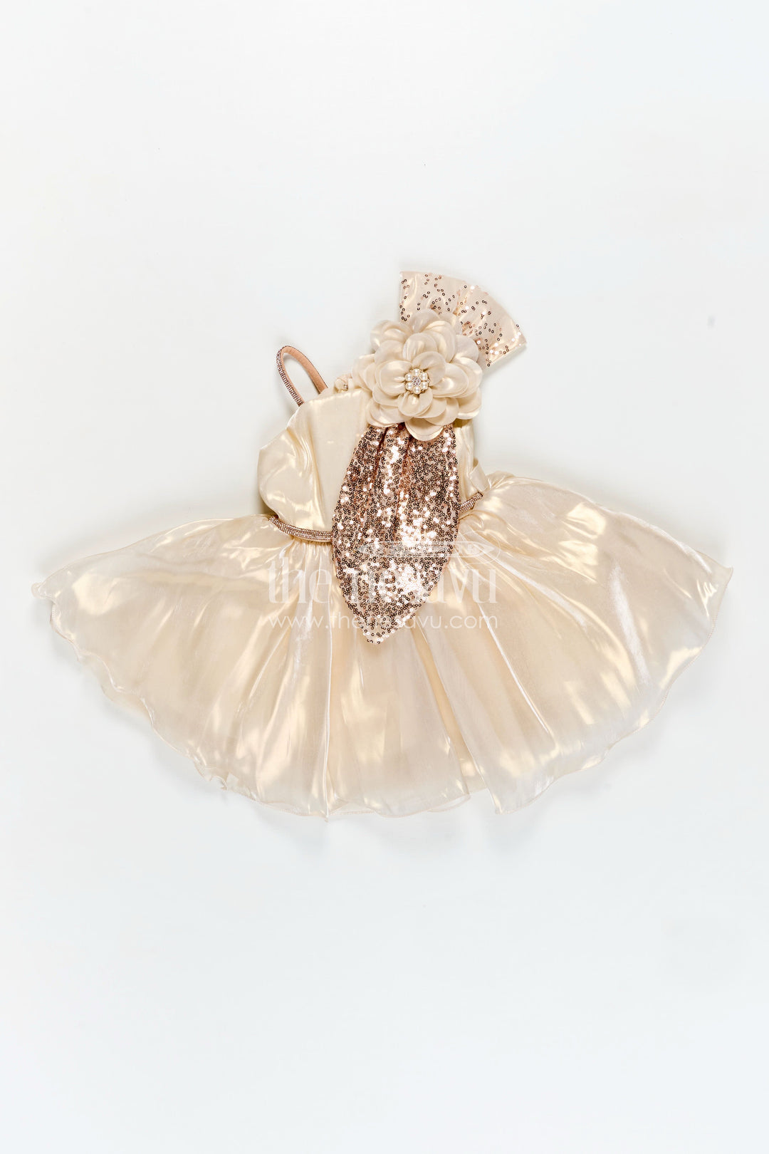 The Nesavu Girls Fancy Party Frock Girls Cream Organza frock new model design with Sequin Work and Floral Appliqué Accents Nesavu Nesavu Girls Cream Glaze Organza Dress Sequin Flower Detail frock new model design