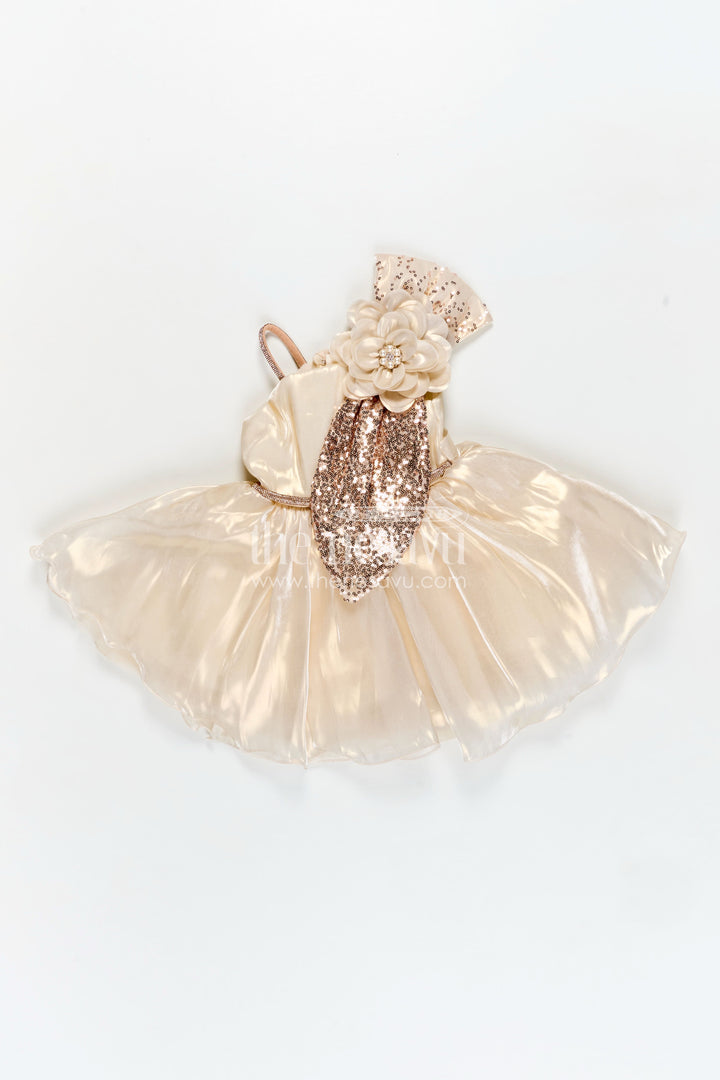 The Nesavu Girls Fancy Party Frock Girls Cream Organza frock new model design with Sequin Work and Floral Appliqué Accents Nesavu Nesavu Girls Cream Glaze Organza Dress Sequin Flower Detail frock new model design
