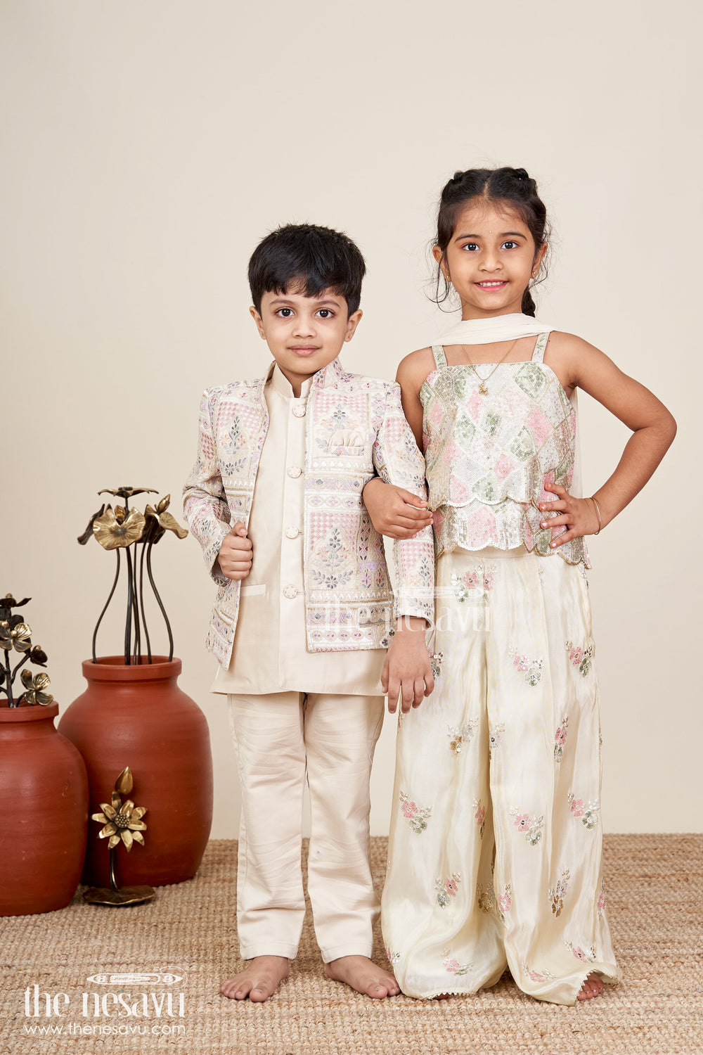 The Nesavu Girls Sharara / Plazo Set Girls cream sharara set with sequin embroidery for weddings and receptions Nesavu Nesavu cream shimmer sharara set girls floral sequin embroidery  perfect wedding celebrations