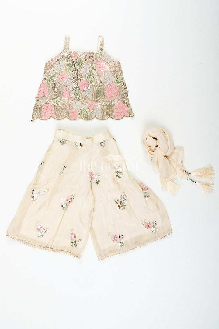 The Nesavu Girls cream sharara set with sequin embroidery for weddings and receptions Nesavu Nesavu cream shimmer sharara set girls floral sequin embroidery  perfect wedding celebrations