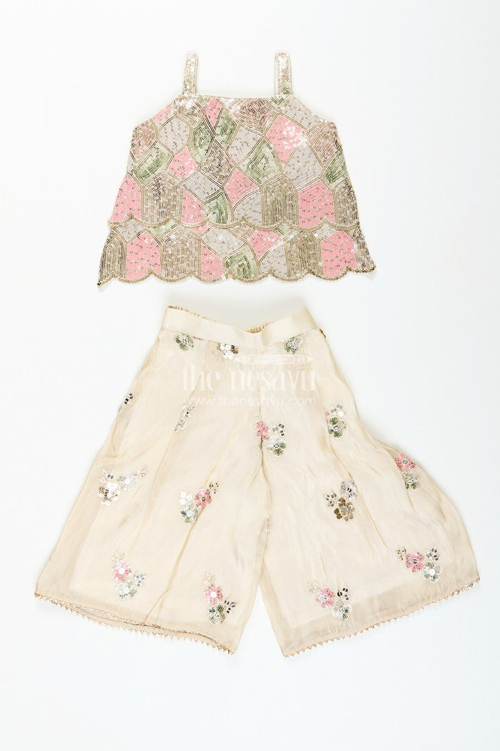 The Nesavu Girls cream sharara set with sequin embroidery for weddings and receptions Nesavu Nesavu cream shimmer sharara set girls floral sequin embroidery  perfect wedding celebrations
