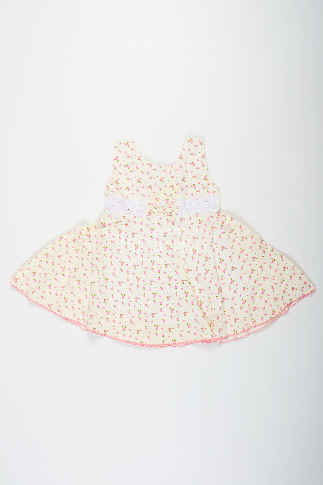 The Nesavu Baby Cotton Frocks Girls Cream Soft Cotton Dresses Online with Allover Floral Print and Lace Bow Waist Detail Nesavu 14 (6M) / Yellow BFJ752A-14 Nesavu Soft Cotton Dresses Online Girls Allover Floral Print Lace Waist Bow Detail