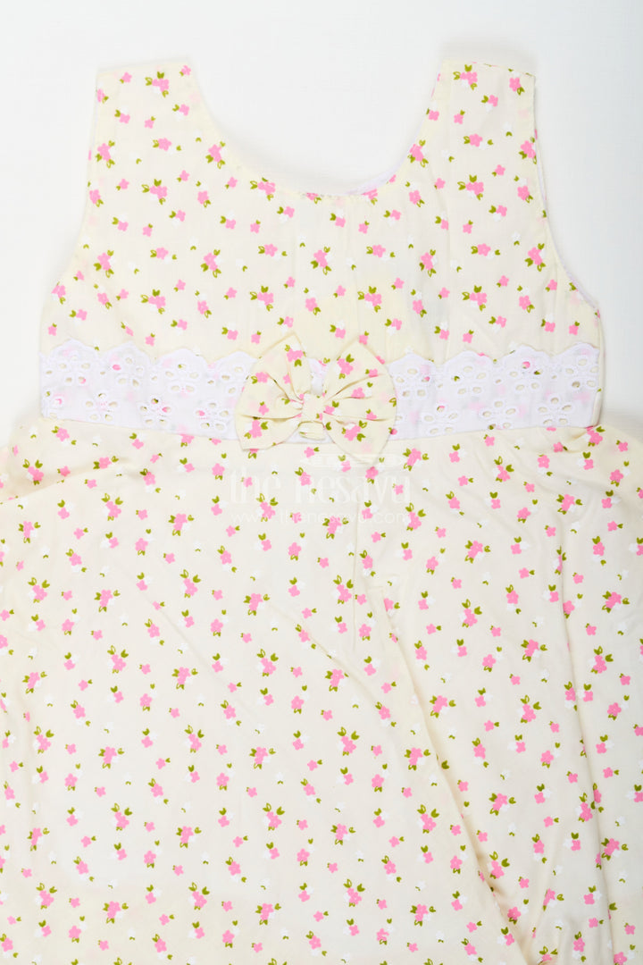 The Nesavu Baby Cotton Frocks Girls Cream Soft Cotton Dresses Online with Allover Floral Print and Lace Bow Waist Detail Nesavu Nesavu Soft Cotton Dresses Online Girls Allover Floral Print Lace Waist Bow Detail