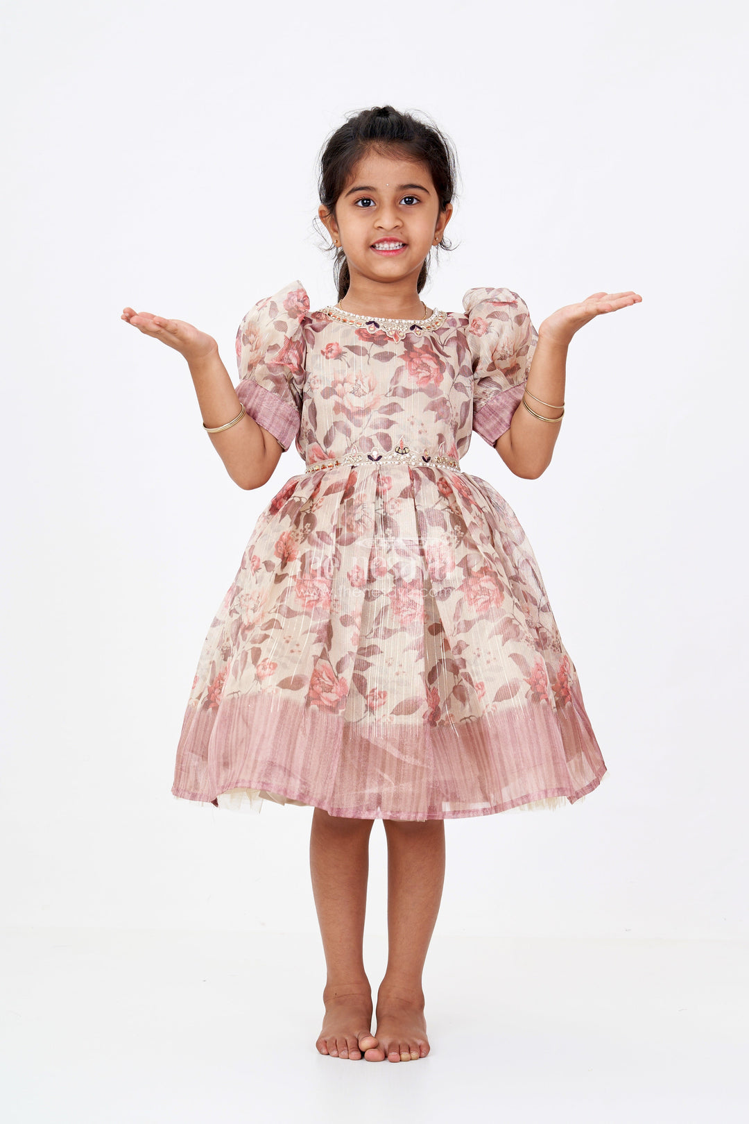 The Nesavu Silk Frock Girls Crimson Silk Dress in Gold Tissue Fabric with Vintage Rose Print and Beaded Waistline Nesavu 16 (1Y) / Peach SF978C-16 Nesavu Crimson Silk Dress Girls Floral Gold Tissue Fabric Beaded Accents Ombre Hem