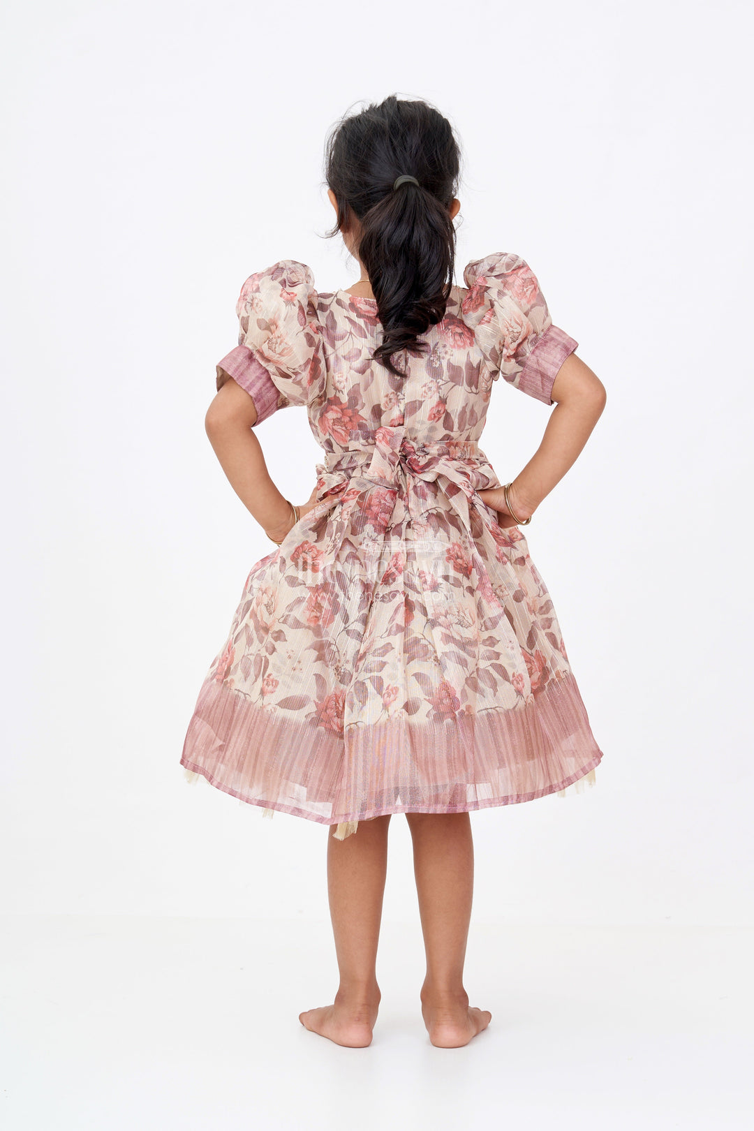 The Nesavu Silk Frock Girls Crimson Silk Dress in Gold Tissue Fabric with Vintage Rose Print and Beaded Waistline Nesavu Nesavu Crimson Silk Dress Girls Floral Gold Tissue Fabric Beaded Accents Ombre Hem