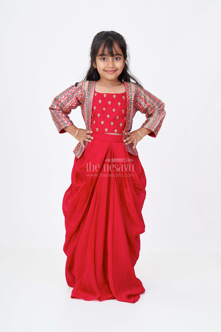 The Nesavu Girls Lehenga Choli Girls Crop Top Lehenga with Jacket in Pure Georgette and Traditional Designer Print Nesavu 24 (5Y) / Pink GL616A-24 Nesavu Girls Crop Top Lehenga Printed Jacket Pure Georgette Festive Design