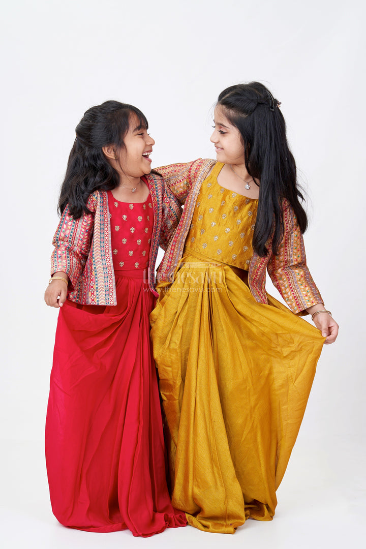 The Nesavu Girls Lehenga Choli Girls Crop Top Lehenga with Jacket in Pure Georgette and Traditional Designer Print Nesavu Nesavu Girls Crop Top Lehenga Printed Jacket Pure Georgette Festive Design