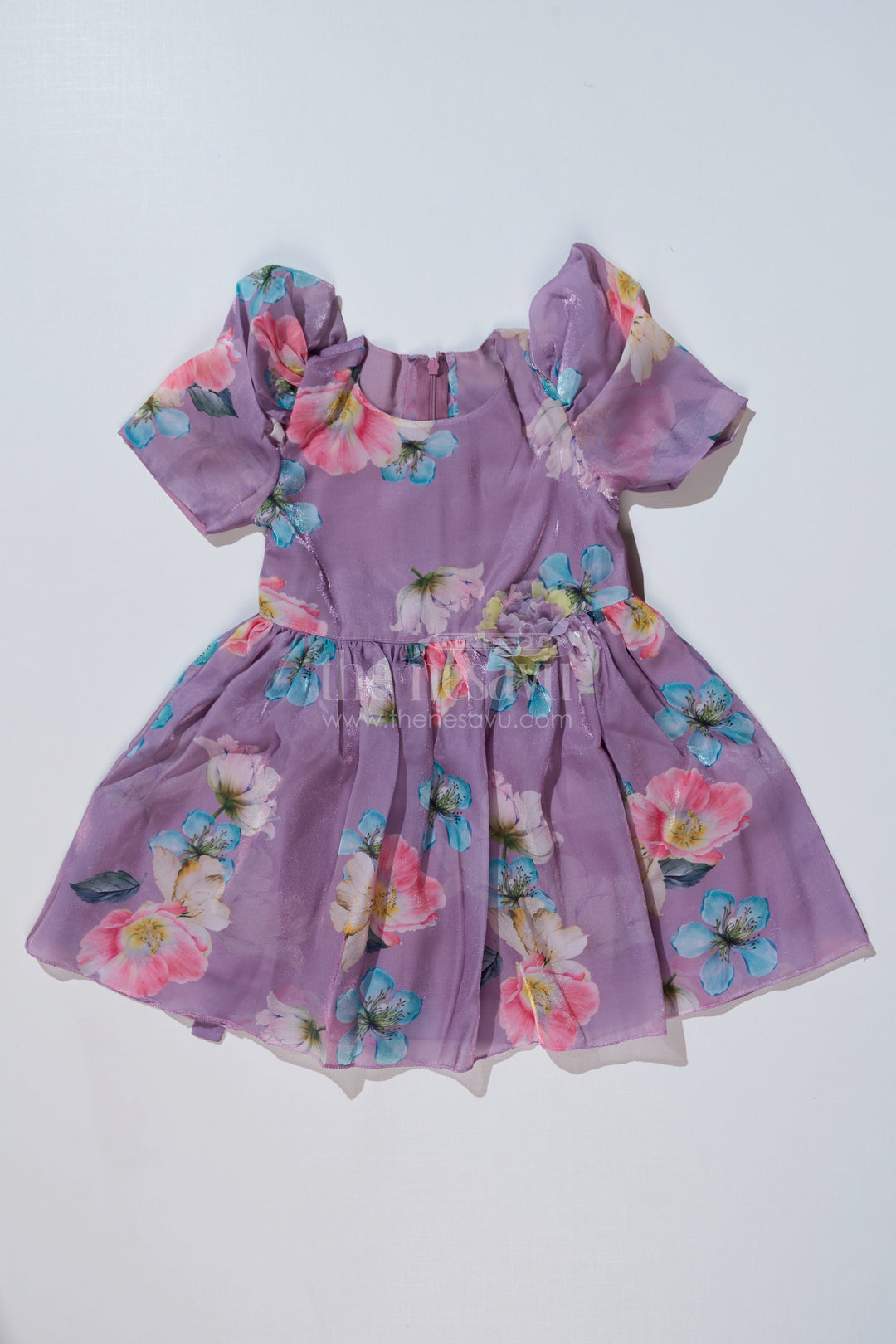 The Nesavu Girls Fancy Frock Girls Cute Casual Chiffon Dress with Lilac Floral Print and Puff Sleeves Nesavu 20 (3Y) / Pink GFC1568B-20 Nesavu Girls Cute Casual Dress Lilac Floral Print Puff Sleeves