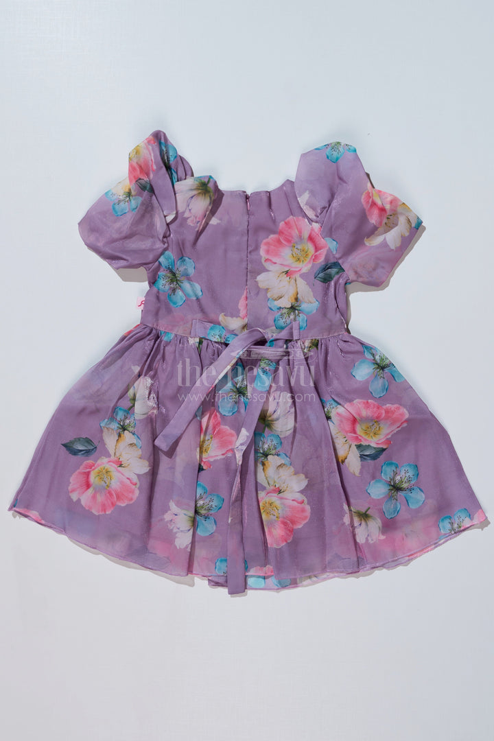 The Nesavu Girls Fancy Frock Girls Cute Casual Chiffon Dress with Lilac Floral Print and Puff Sleeves Nesavu Nesavu Girls Cute Casual Dress Lilac Floral Print Puff Sleeves
