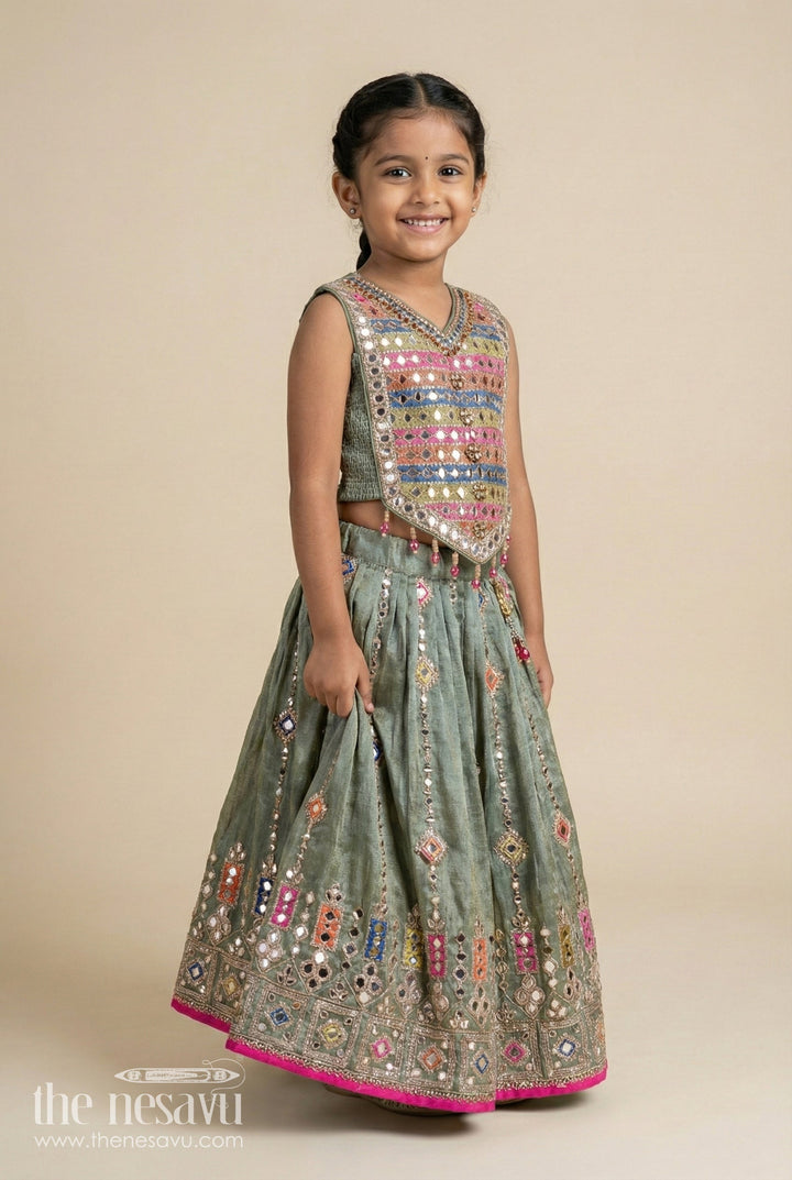 The Nesavu Girls Lehenga Choli Girls Dark Olive Green Lehenga Set with Mirror Embroidery and Dupatta in Traditional Dark Olive Green Lehenga Style Nesavu 16 (1Y) / Green GL610A-16 Nesavu Girls Dark Olive Green Lehenga Choli Set Mirror Work Festive dark olive green lehenga Design