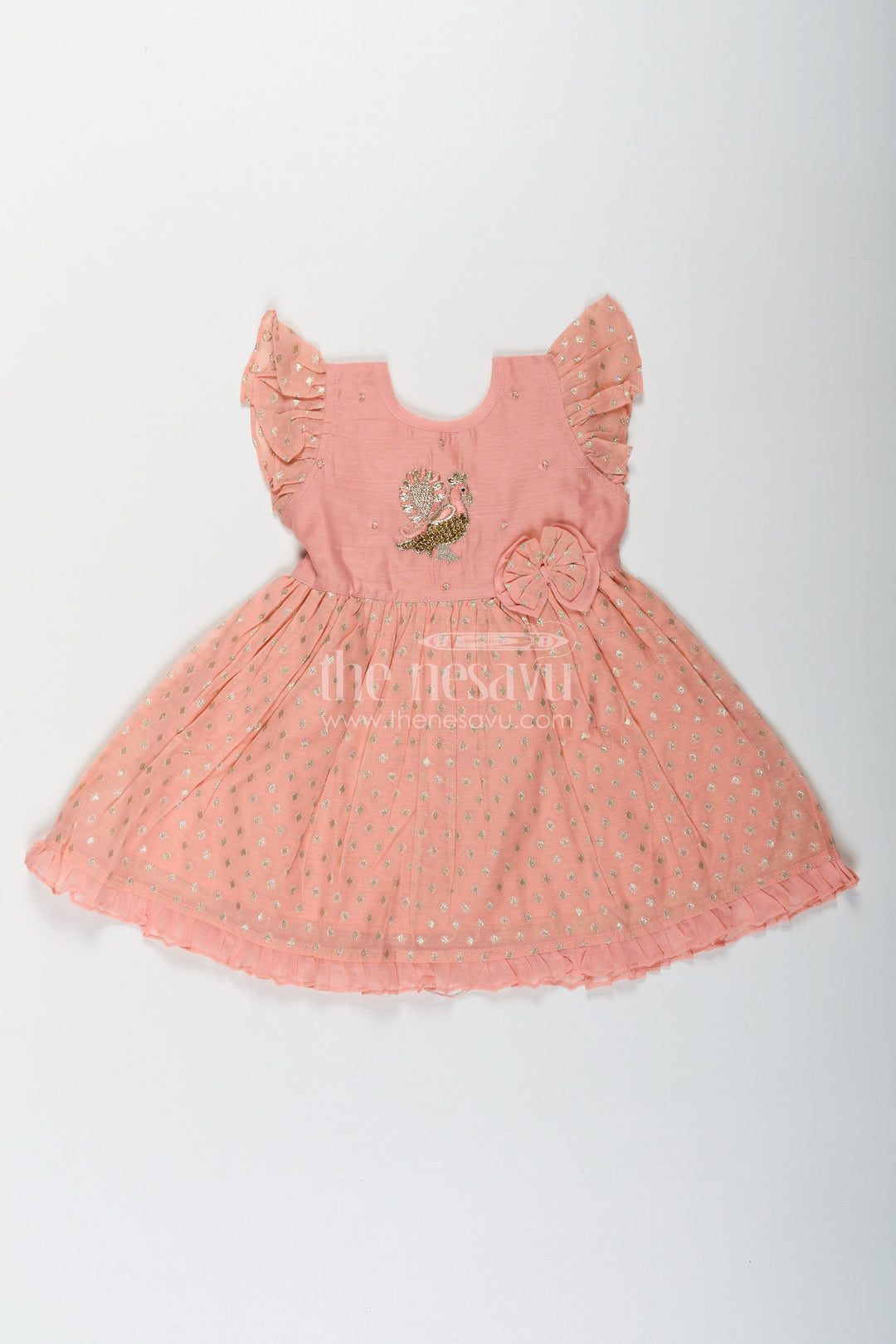 The Nesavu Girls Chanderi Frock Girls dark peach colour frock in Chanderi with Thread Embroidered Peacock and Frilled Hem Design Nesavu Nesavu Girls dark peach colour frock Chanderi Peacock Embroidery Gold Motif Detailing