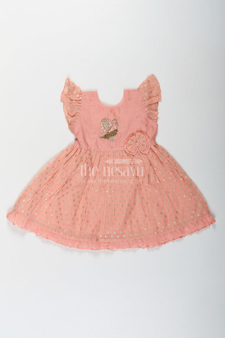 The Nesavu Girls Chanderi Frock Girls dark peach colour frock in Chanderi with Thread Embroidered Peacock and Frilled Hem Design Nesavu Nesavu Girls dark peach colour frock Chanderi Peacock Embroidery Gold Motif Detailing