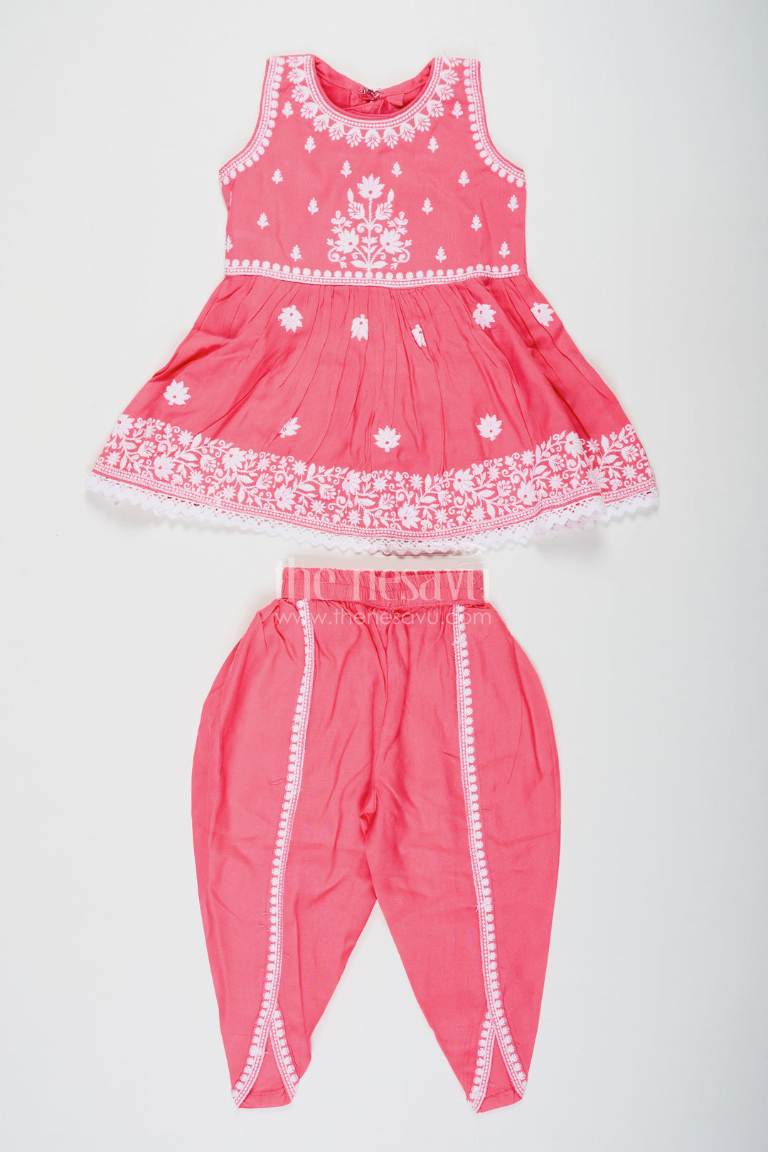 The Nesavu Girls Dothi Sets Girls dark pink sharara Set with Rayon Thread Embroidery and White Dupatta for Ethnic Charm Nesavu 18 (2Y) / Pink GPS601A-18 Nesavu Girls dark pink sharara Set White Thread Embroidery Dupatta Festive Elegance