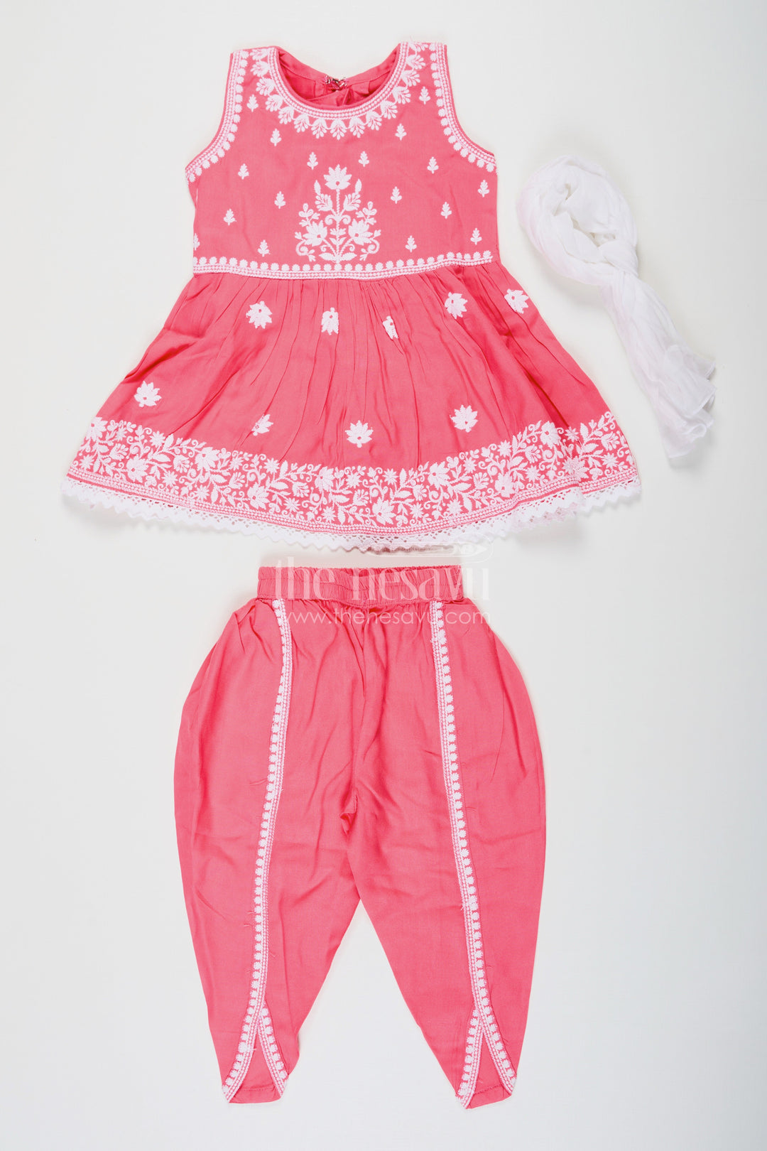 The Nesavu Girls Dothi Sets Girls dark pink sharara Set with Rayon Thread Embroidery and White Dupatta for Ethnic Charm Nesavu Nesavu Girls dark pink sharara Set White Thread Embroidery Dupatta Festive Elegance