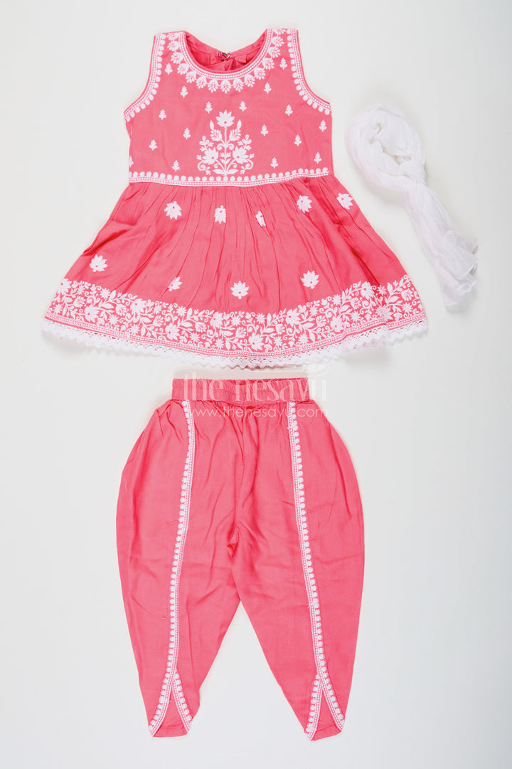 The Nesavu Girls Dothi Sets Girls dark pink sharara Set with Rayon Thread Embroidery and White Dupatta for Ethnic Charm Nesavu Nesavu Girls dark pink sharara Set White Thread Embroidery Dupatta Festive Elegance
