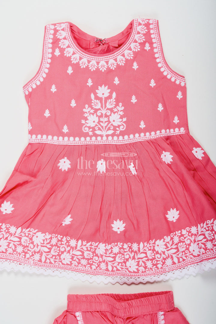 The Nesavu Girls Dothi Sets Girls dark pink sharara Set with Rayon Thread Embroidery and White Dupatta for Ethnic Charm Nesavu Nesavu Girls dark pink sharara Set White Thread Embroidery Dupatta Festive Elegance