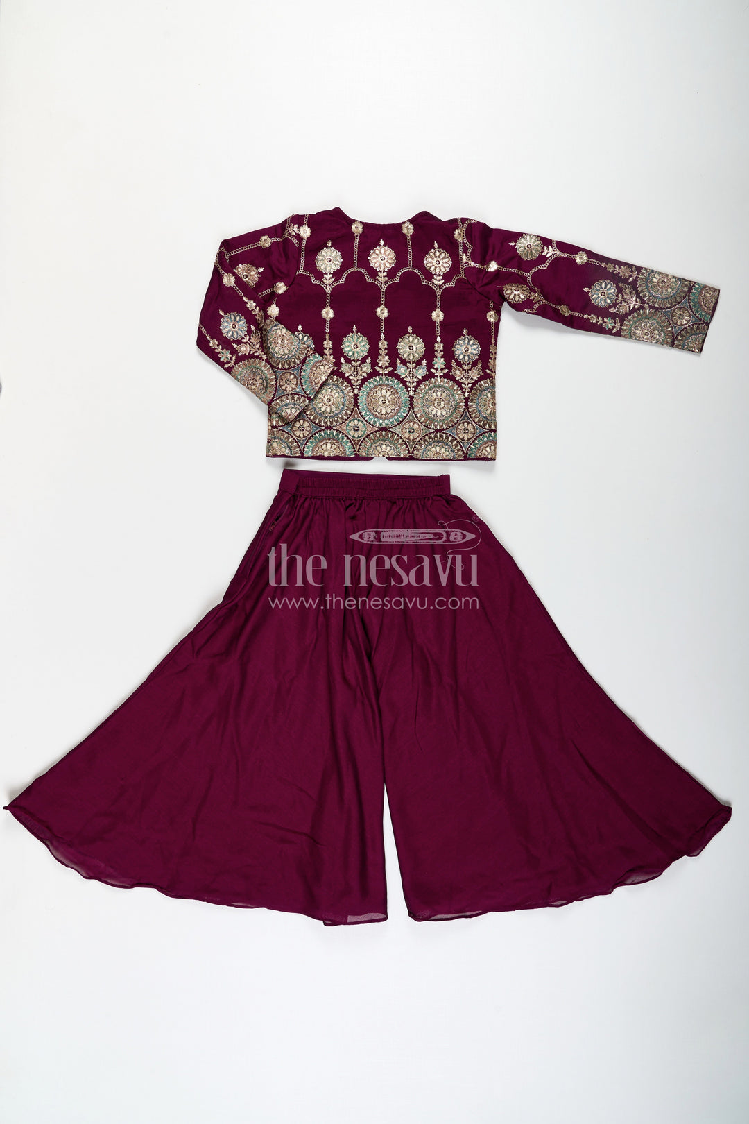 The Nesavu Girls Sharara / Plazo Set Girls Dark Purple Sharara Set with Viscose Organza Embroidered Top and Plazo Bottoms Nesavu Nesavu Girls Dark Purple Sharara Set Embroidered Organza Top Flowy Plazo Pants