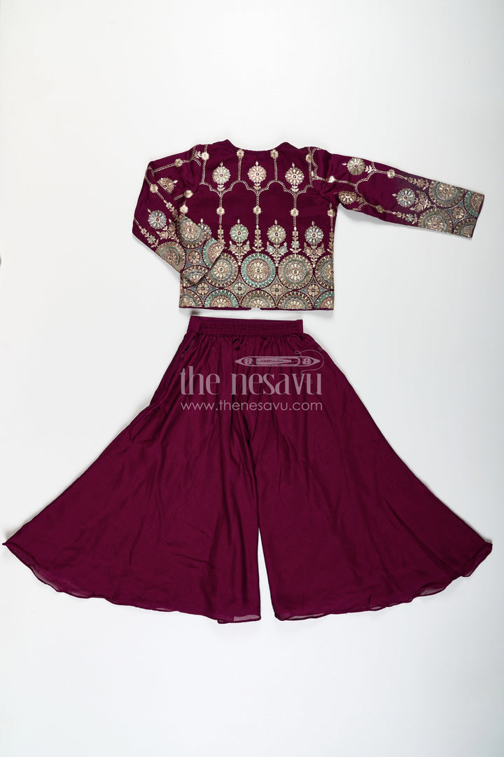 The Nesavu Girls Sharara / Plazo Set Girls Dark Purple Sharara Set with Viscose Organza Embroidered Top and Plazo Bottoms Nesavu Nesavu Girls Dark Purple Sharara Set Embroidered Organza Top Flowy Plazo Pants