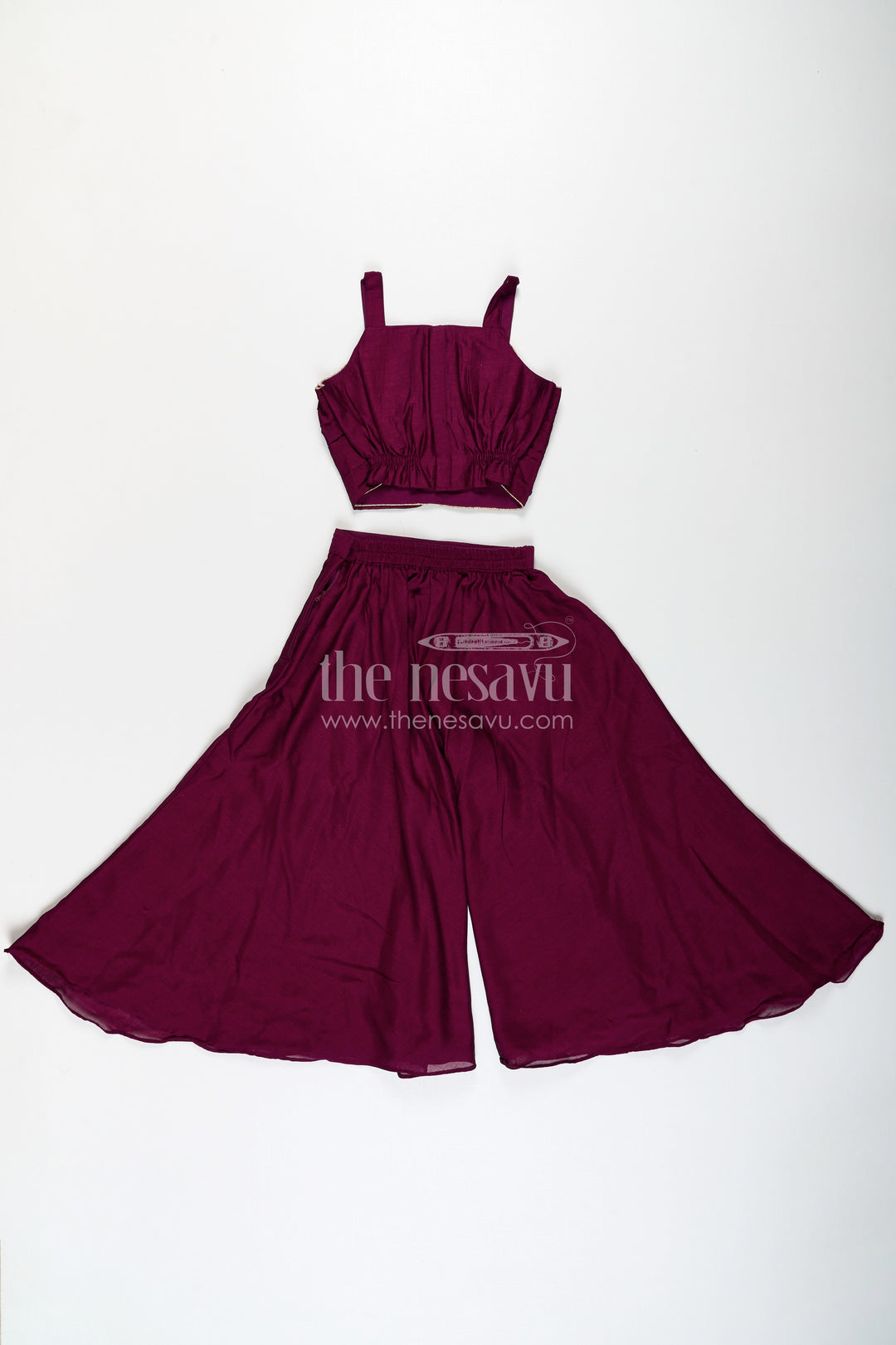 The Nesavu Girls Sharara / Plazo Set Girls Dark Purple Sharara Set with Viscose Organza Embroidered Top and Plazo Bottoms Nesavu Nesavu Girls Dark Purple Sharara Set Embroidered Organza Top Flowy Plazo Pants