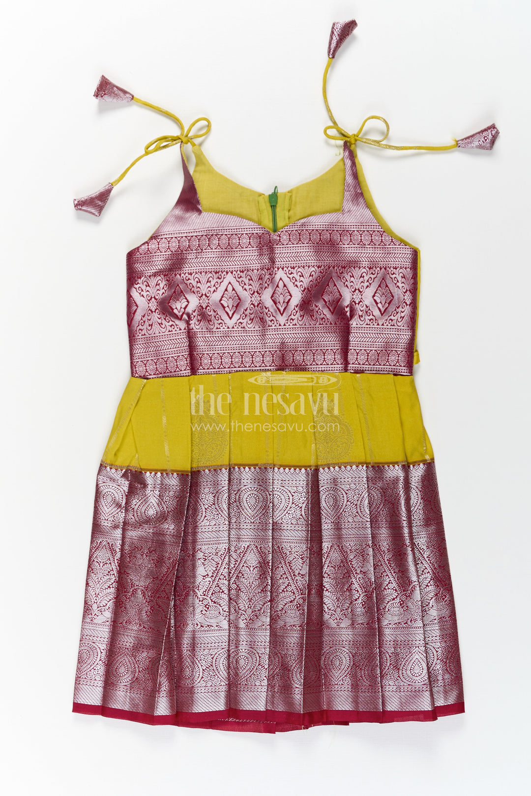 The Nesavu Tie-up Frock Girls Designed Frock in Art Kanchivaram Silk with Maroon Zari Weave and Yellow Pleated Contrast Tie-Up Bodice Nesavu 20 (3Y) / Maroon / Style 1 SF859BA-20 Nesavu Girls Designed Frock in Art Kanchivaram Silk with Yellow Contrast and Maroon Zari Tie-Up Detail