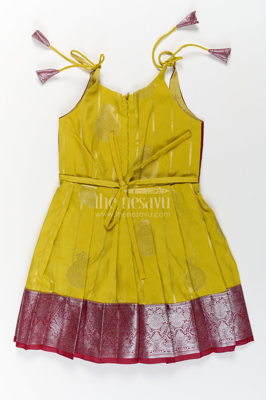 The Nesavu Tie-up Frock Girls Designed Frock in Art Kanchivaram Silk with Maroon Zari Weave and Yellow Pleated Contrast Tie-Up Bodice Nesavu Nesavu Girls Designed Frock in Art Kanchivaram Silk with Yellow Contrast and Maroon Zari Tie-Up Detail