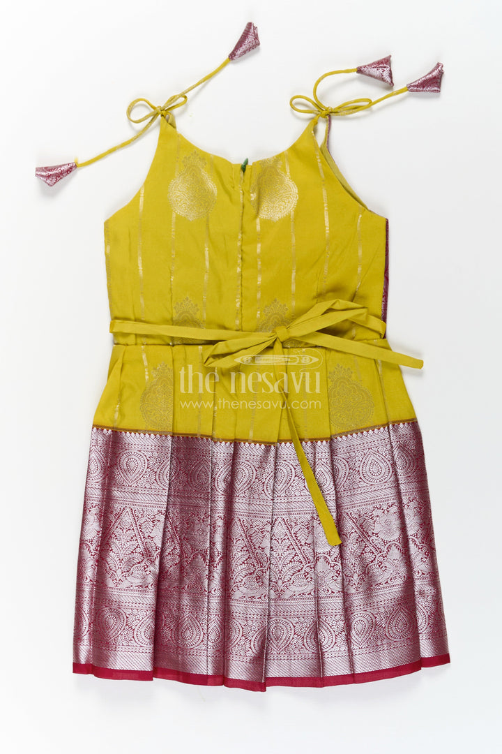 The Nesavu Tie-up Frock Girls Designed Frock in Art Kanchivaram Silk with Maroon Zari Weave and Yellow Pleated Contrast Tie-Up Bodice Nesavu Nesavu Girls Designed Frock in Art Kanchivaram Silk with Yellow Contrast and Maroon Zari Tie-Up Detail