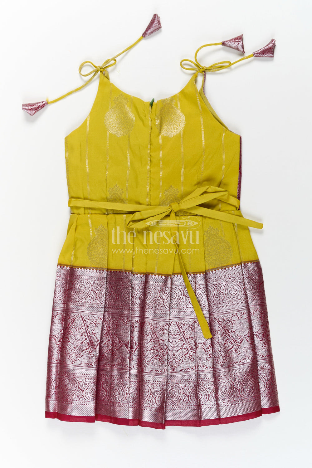 The Nesavu Tie-up Frock Girls Designed Frock in Art Kanchivaram Silk with Maroon Zari Weave and Yellow Pleated Contrast Tie-Up Bodice Nesavu Nesavu Girls Designed Frock in Art Kanchivaram Silk with Yellow Contrast and Maroon Zari Tie-Up Detail