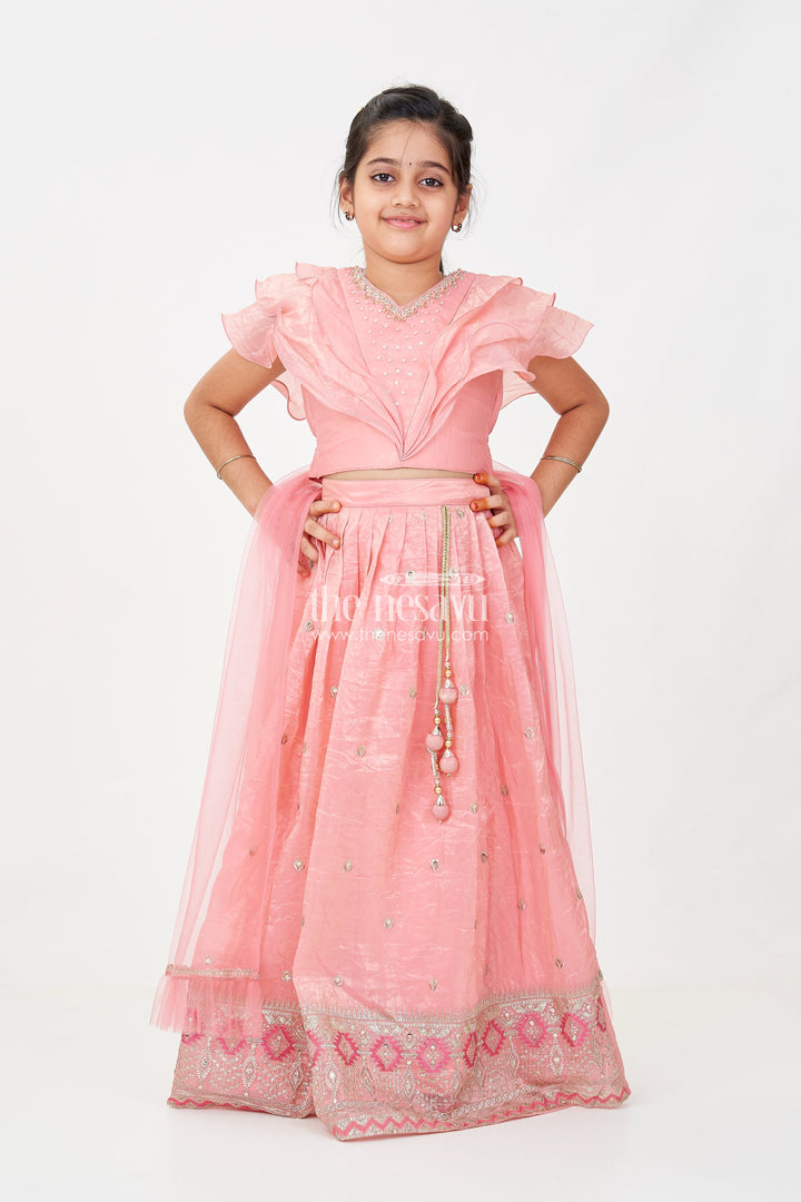 The Nesavu Girls Lehenga Choli Girls Designer Dress for Girl in Coral Pink Organza with Sequin Embroidered Lehenga and Ruffle Blouse Nesavu Nesavu Designer Dress for Girl in Coral Organza with Sequin Embroidered Lehenga and Ruffle Choli