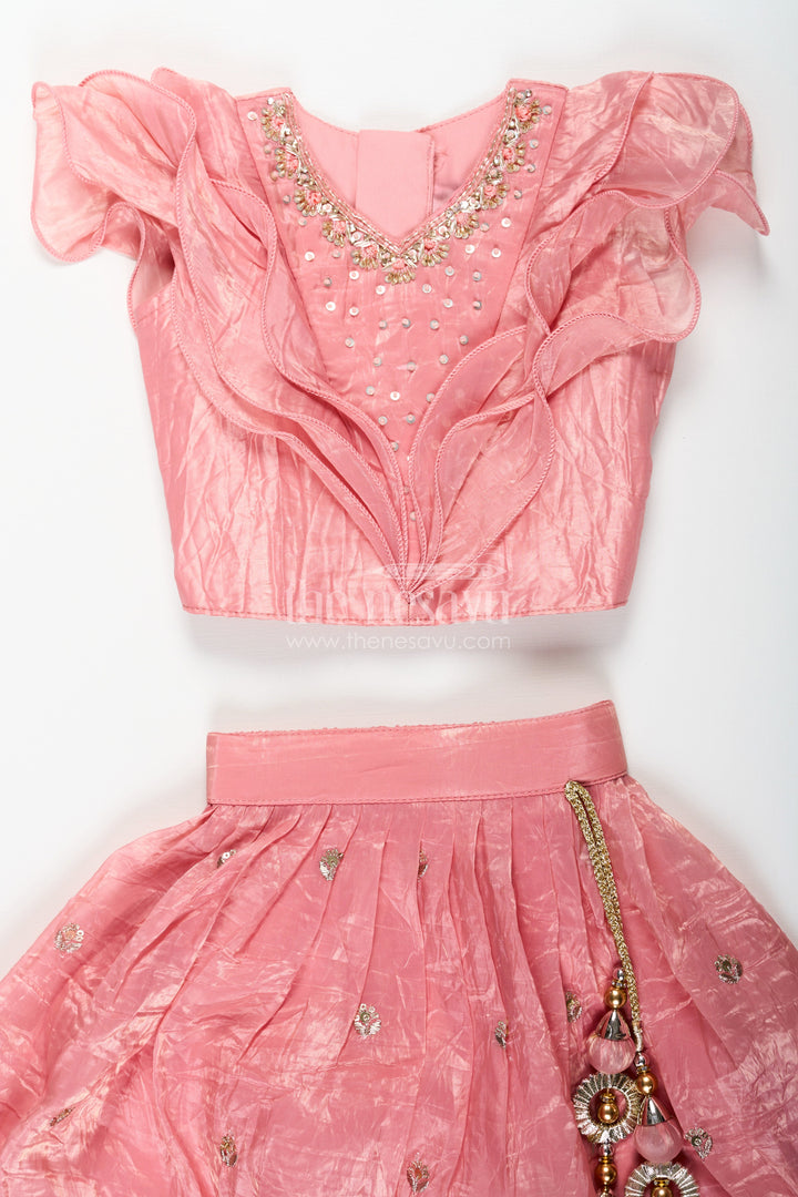 The Nesavu Girls Lehenga Choli Girls Designer Dress for Girl in Coral Pink Organza with Sequin Embroidered Lehenga and Ruffle Blouse Nesavu Nesavu Designer Dress for Girl in Coral Organza with Sequin Embroidered Lehenga and Ruffle Choli