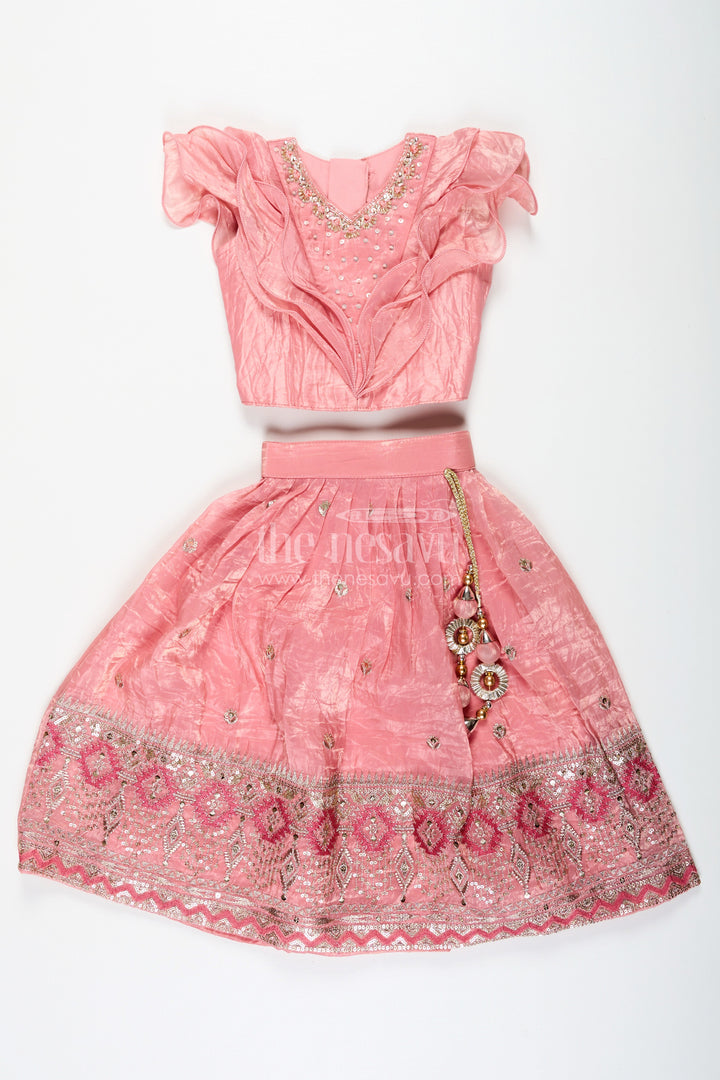The Nesavu Girls Lehenga Choli Girls Designer Dress for Girl in Coral Pink Organza with Sequin Embroidered Lehenga and Ruffle Blouse Nesavu Nesavu Designer Dress for Girl in Coral Organza with Sequin Embroidered Lehenga and Ruffle Choli