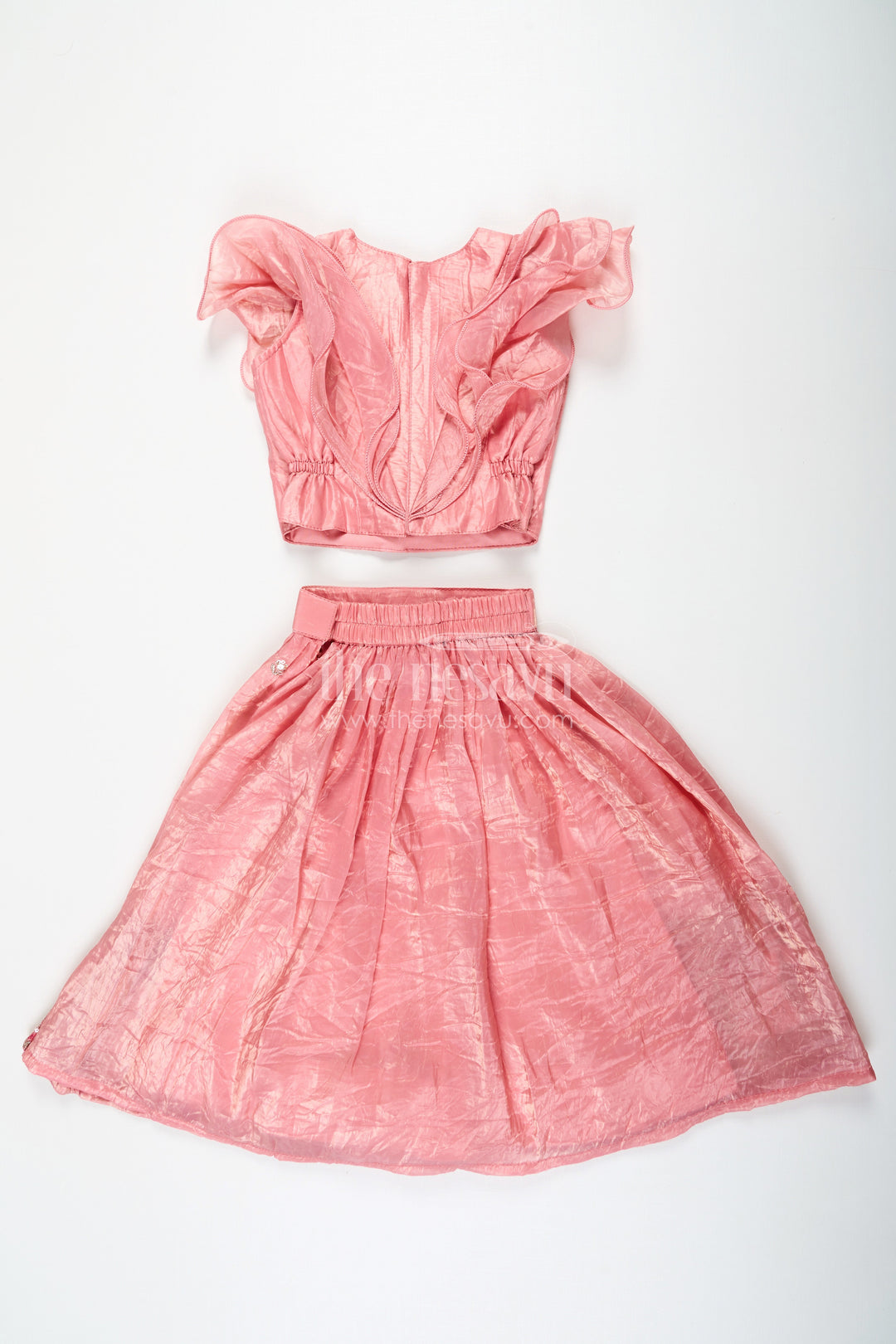 The Nesavu Girls Lehenga Choli Girls Designer Dress for Girl in Coral Pink Organza with Sequin Embroidered Lehenga and Ruffle Blouse Nesavu Nesavu Designer Dress for Girl in Coral Organza with Sequin Embroidered Lehenga and Ruffle Choli