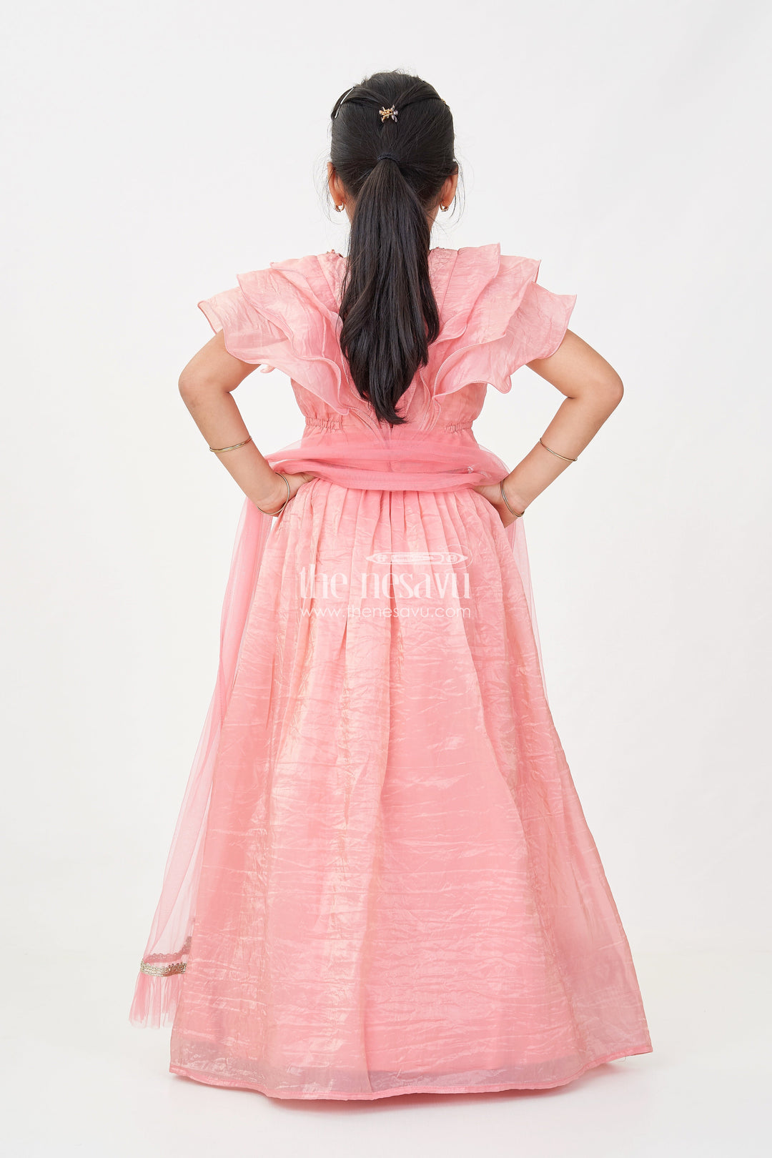 The Nesavu Girls Lehenga Choli Girls Designer Dress for Girl in Coral Pink Organza with Sequin Embroidered Lehenga and Ruffle Blouse Nesavu Nesavu Designer Dress for Girl in Coral Organza with Sequin Embroidered Lehenga and Ruffle Choli