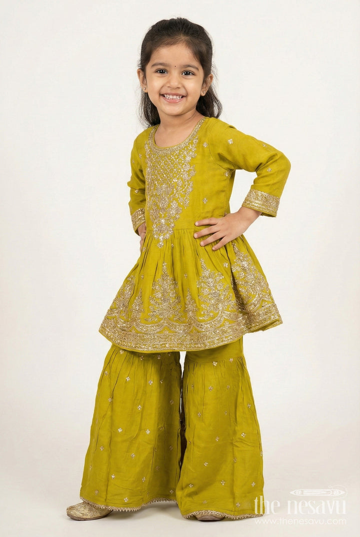 The Nesavu Girls Sharara / Plazo Set Girls Designer Embroidered Georgette Kurta with Pleated Plazo Pants Nesavu 24 (5Y) / Green GPS777A-24 Nesavu girls designer plazo set embroidered georgette kurta  festive outfit