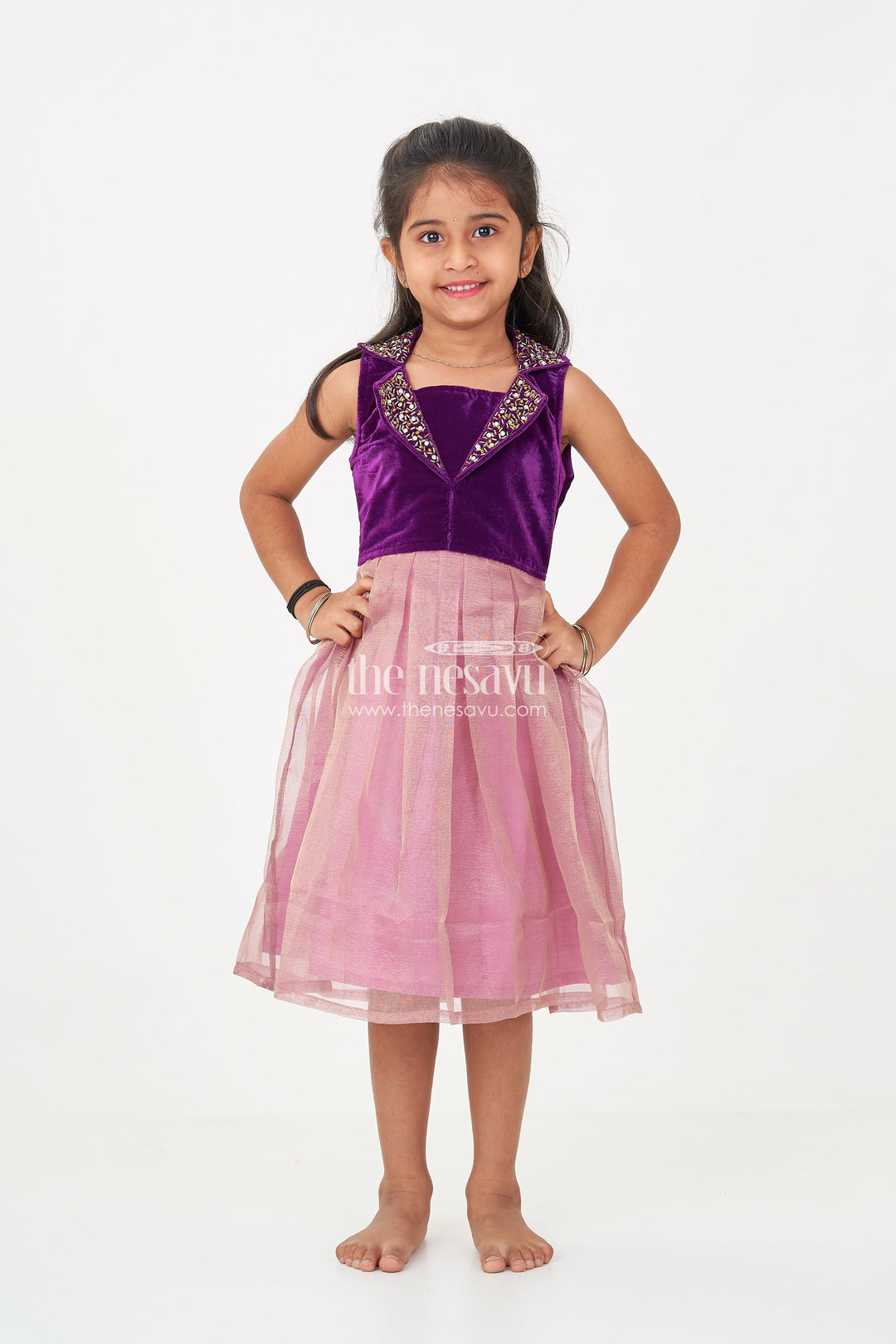 The Nesavu Silk Frock Girls Designer Frocks in Velvet with Kundan Embellished Collar and Pleated Tissue Skirt Nesavu 16 (1Y) / Pink SF987B-16 Nesavu Girls Designer Frocks Velvet Kundan Collar Pleated Tissue Skirt Special Occasions
