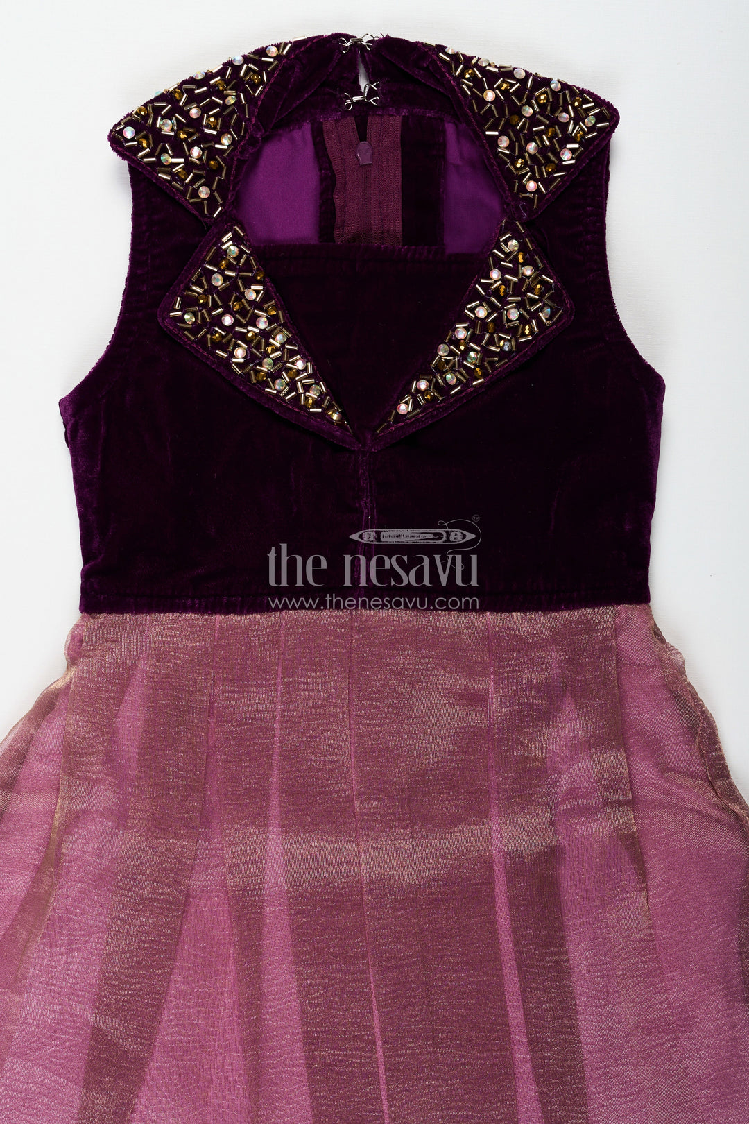 The Nesavu Silk Frock Girls Designer Frocks in Velvet with Kundan Embellished Collar and Pleated Tissue Skirt Nesavu Nesavu Girls Designer Frocks Velvet Kundan Collar Pleated Tissue Skirt Special Occasions