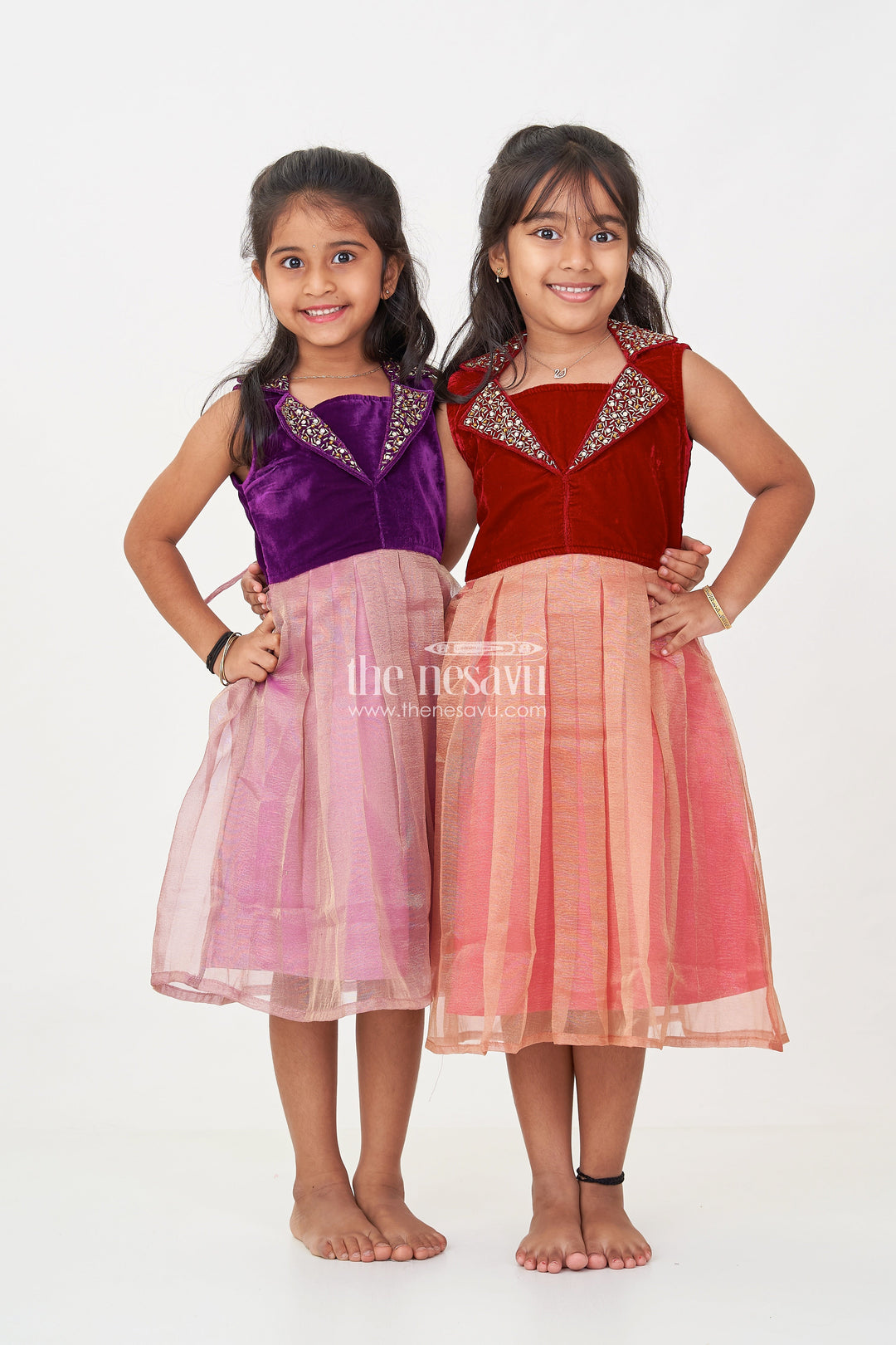 The Nesavu Silk Frock Girls Designer Frocks in Velvet with Kundan Embellished Collar and Pleated Tissue Skirt Nesavu Nesavu Girls Designer Frocks Velvet Kundan Collar Pleated Tissue Skirt Special Occasions