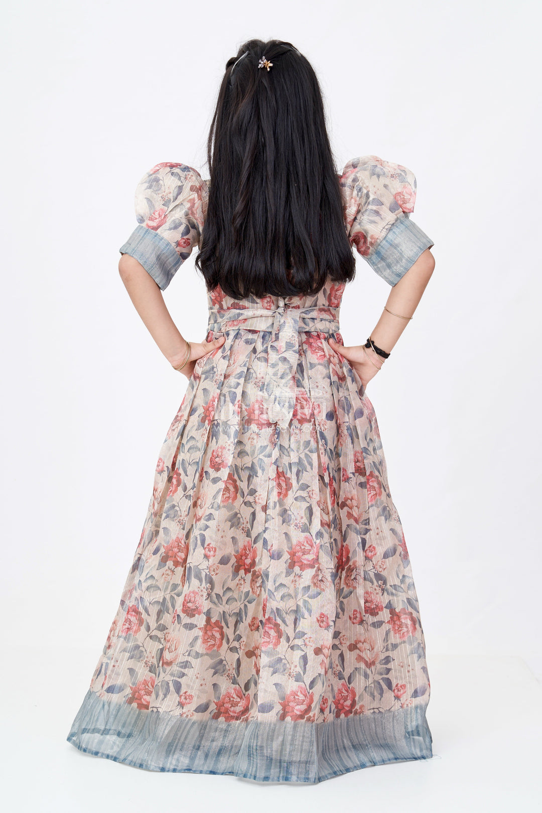 The Nesavu Girls Party Gown Girls Designer Gown Dress with Floral Digital Print and Embellished Neckline for Party Wear Nesavu Nesavu Girls Designer Gown Dress Gold Tissue Fabric Floral Digital Print Party Wear