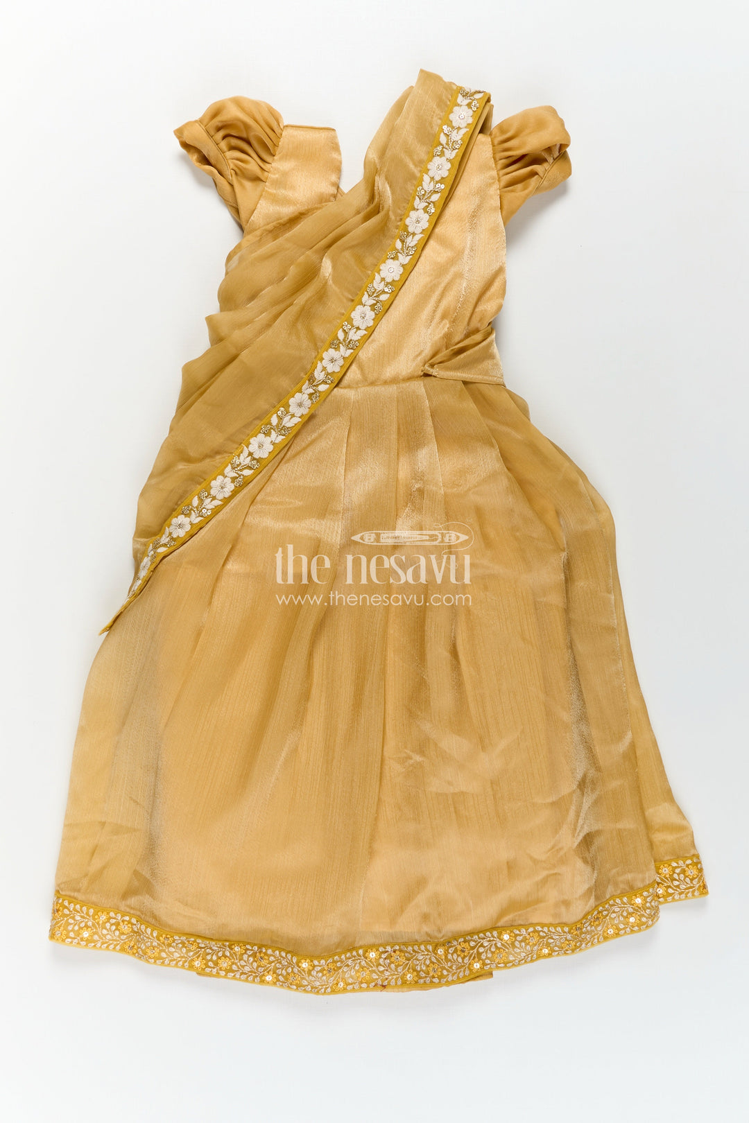 The Nesavu Girls Party Gown Girls Designer Gown for Party in Golden Organza with Thread Embroidery Lace and Delicate Dupatta Nesavu Girls Designer Golden Gown for Party in Organza with Embroidered Lace and Flowing Dupatta | The Nesavu