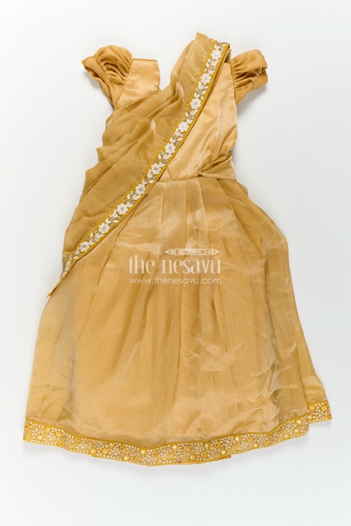 The Nesavu Girls Party Gown Girls Designer Gown for Party in Golden Organza with Thread Embroidery Lace and Delicate Dupatta Nesavu Girls Designer Golden Gown for Party in Organza with Embroidered Lace and Flowing Dupatta | The Nesavu