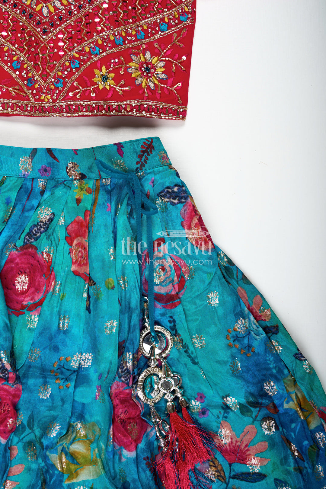 The Nesavu Girls Lehenga Choli Girls Designer Lehenga Choli Wedding Function Wear Nesavu Nesavu Luxury Girls Lehenga Choli Embroidered Red Top Teal Printed Skirt Dupatta