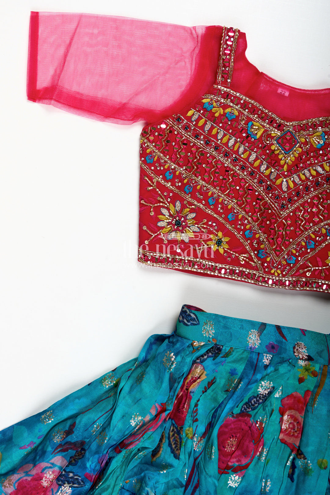 The Nesavu Girls Lehenga Choli Girls Designer Lehenga Choli Wedding Function Wear Nesavu Nesavu Luxury Girls Lehenga Choli Embroidered Red Top Teal Printed Skirt Dupatta