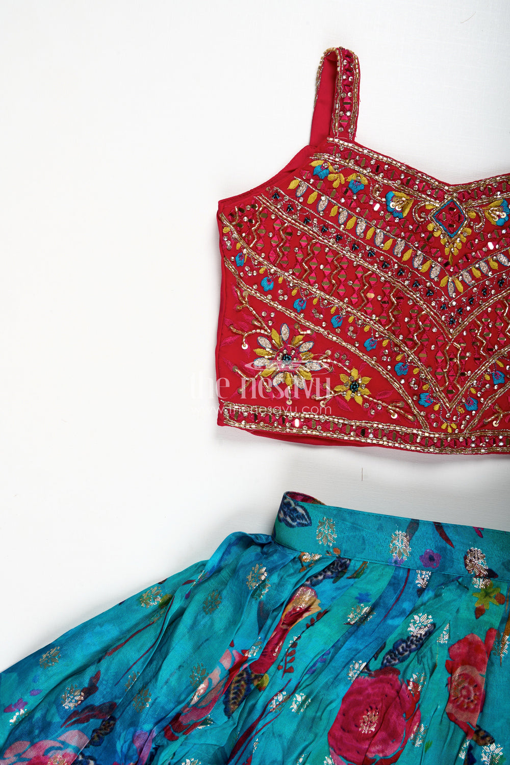 The Nesavu Girls Lehenga Choli Girls Designer Lehenga Choli Wedding Function Wear Nesavu Nesavu Luxury Girls Lehenga Choli Embroidered Red Top Teal Printed Skirt Dupatta